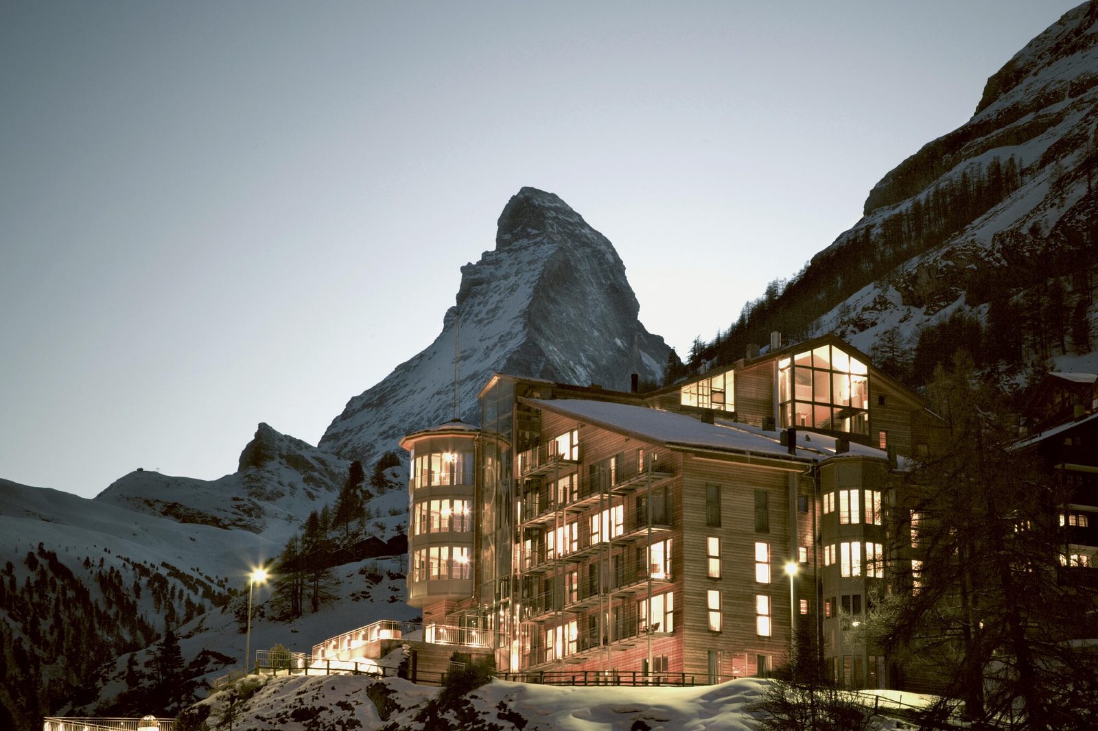 The Omnia above Zermatt at dusk with the Matterhorn behind